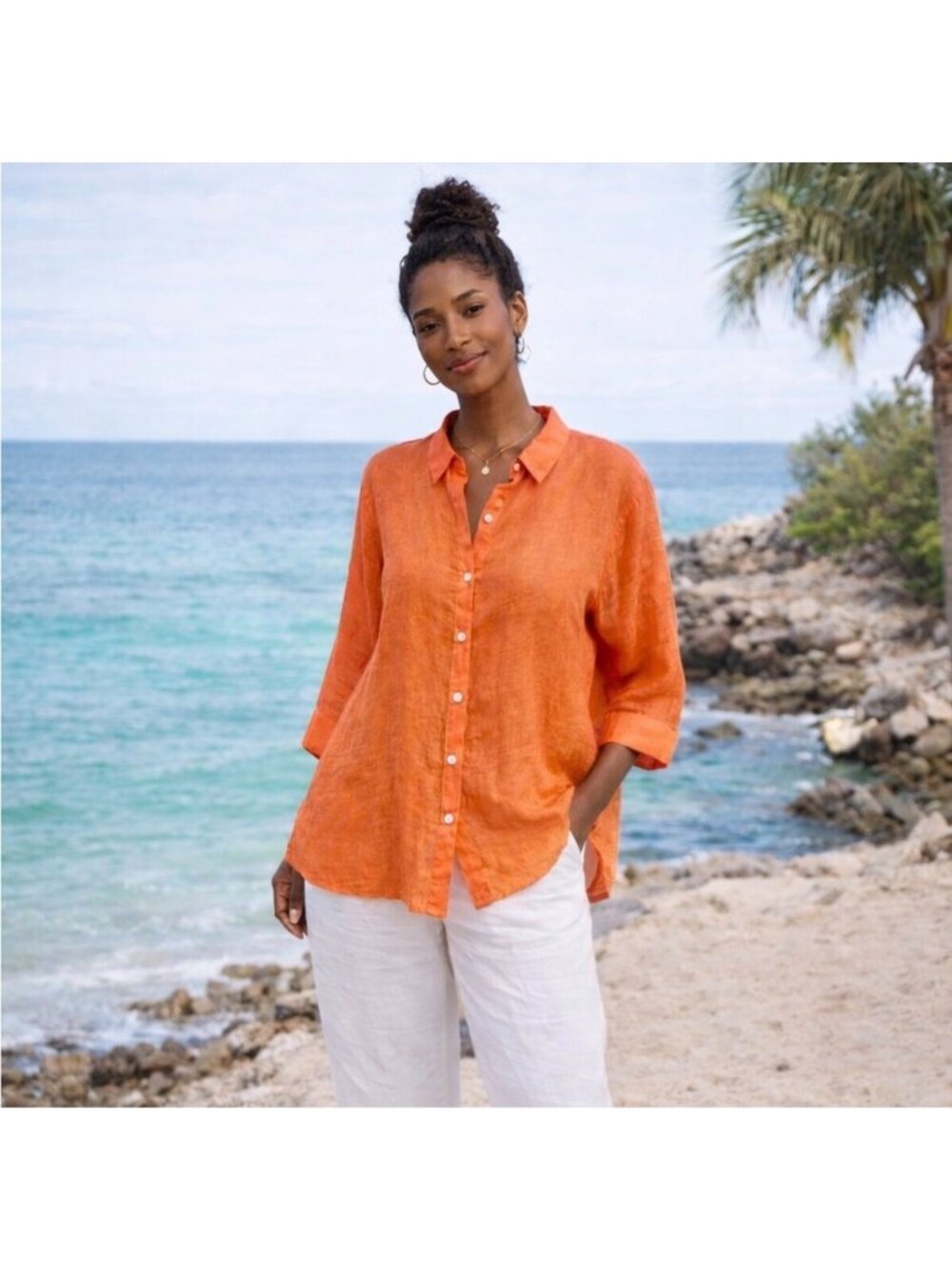 Chicos 100% Linen Button Down Shirt Tunic Womens 2XL 4 Orange Lagenlook Coastal